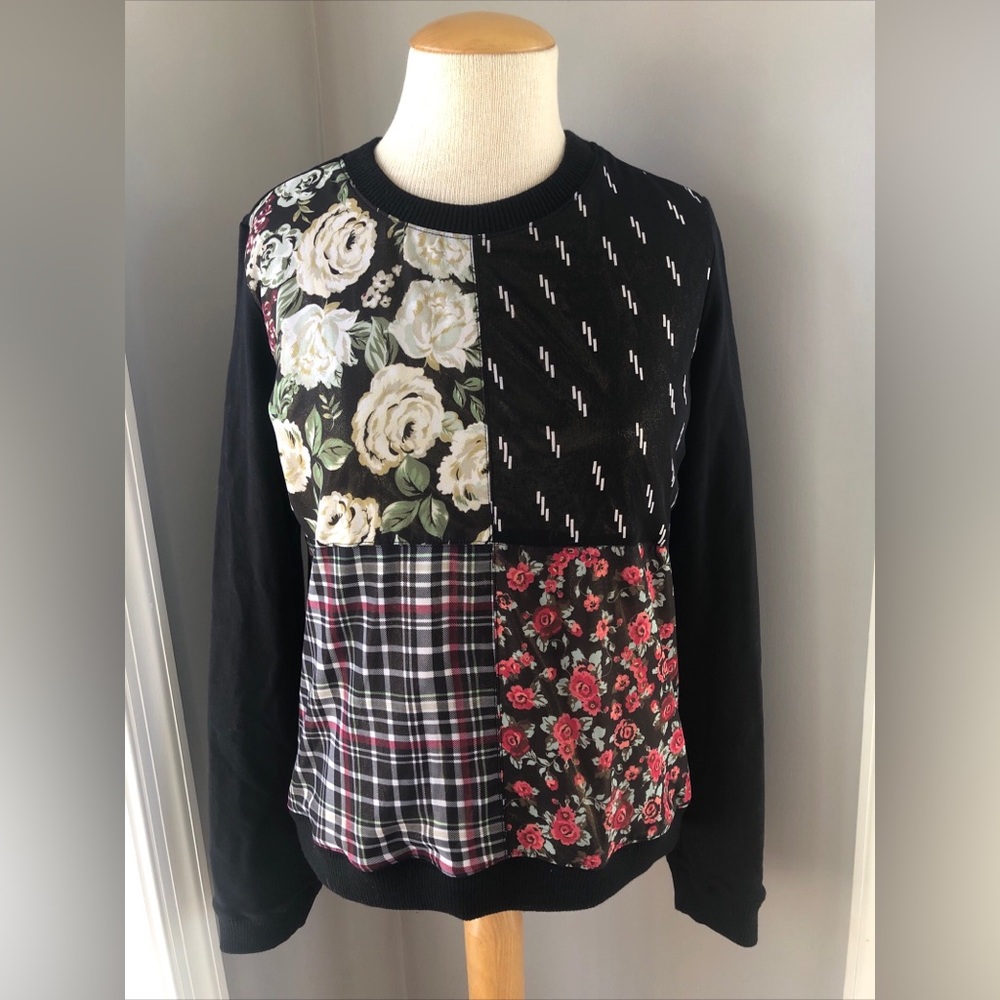 Sam Edelman Crewneck Sweater‎ Size Medium Black Quilt Floral Plaid
